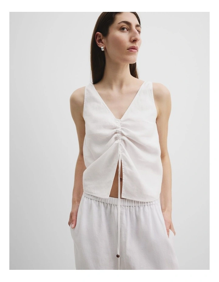 Linen Ruched Cami in White image 2