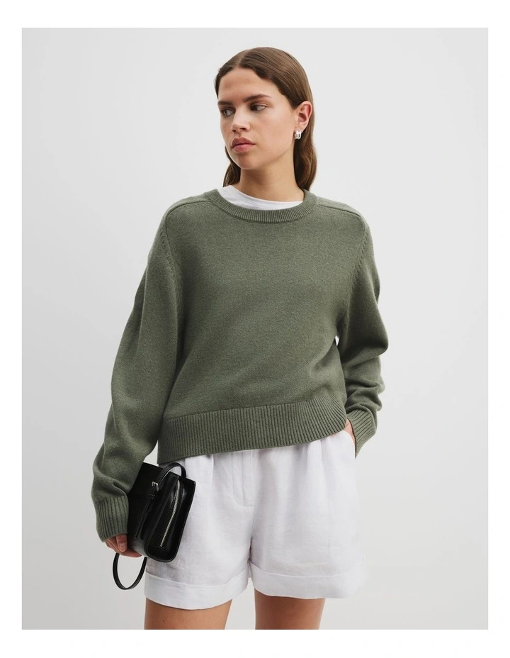 Organically Grown Cotton Blend Crop Crew Neck Knit in Dark Moss image 1