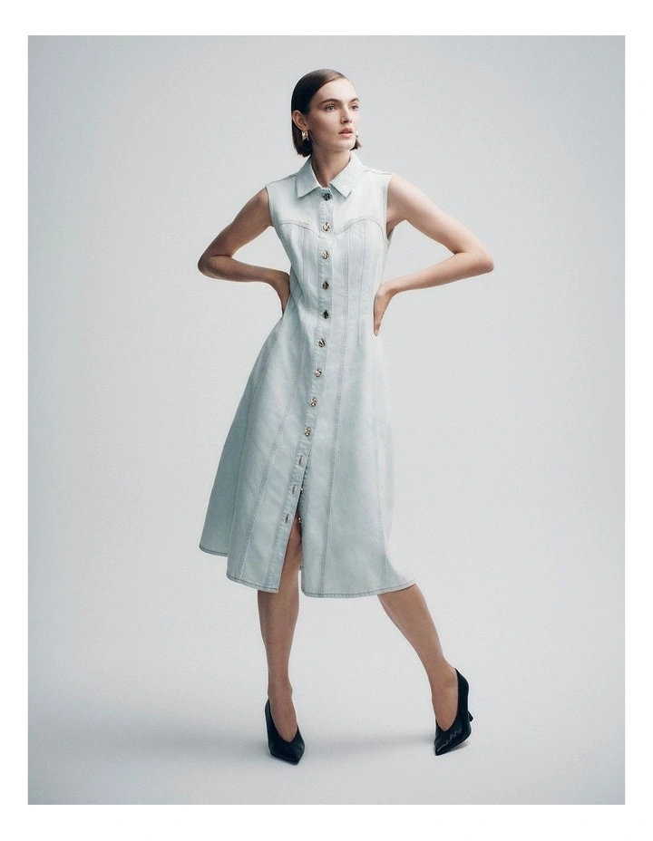 Cinched Denim Midi Dress in Salt image 2