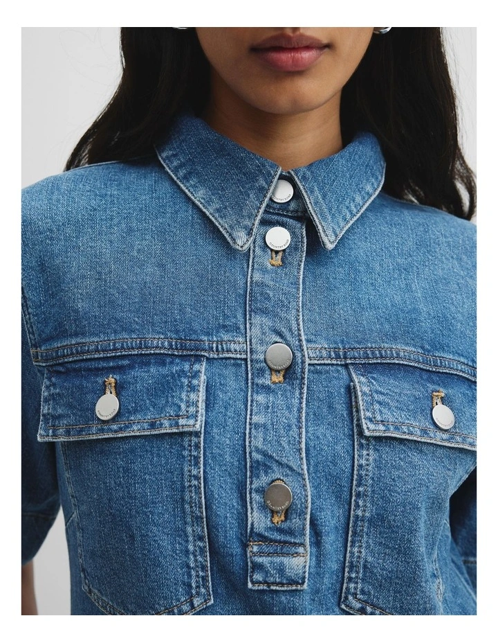 Half Placket Denim Dress in Mid Blue Wash image 3