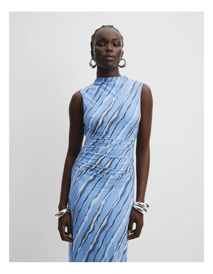 Print Gathered Mesh Dress in Painterly Stripe image 1
