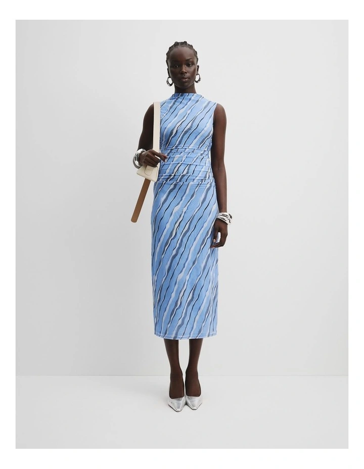 Print Gathered Mesh Dress in Painterly Stripe image 2