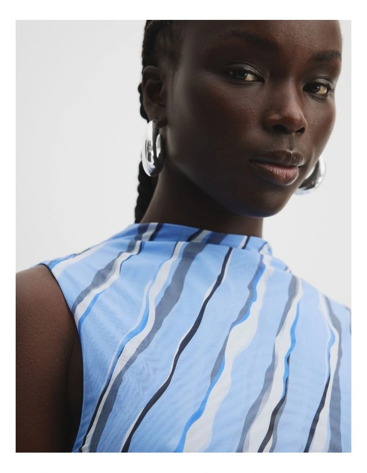 Print Gathered Mesh Dress in Painterly Stripe image 3