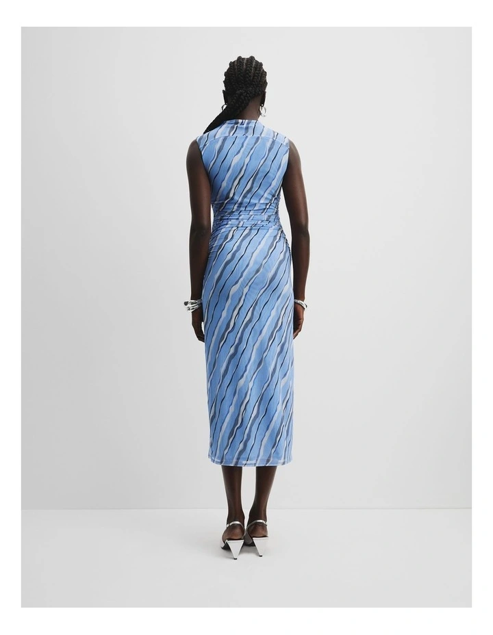 Print Gathered Mesh Dress in Painterly Stripe image 4