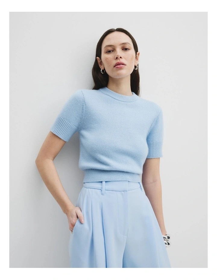Gcs-certified Cashmere Blend Crop Short Sleeve Roll Neck Knit in Sky image 1