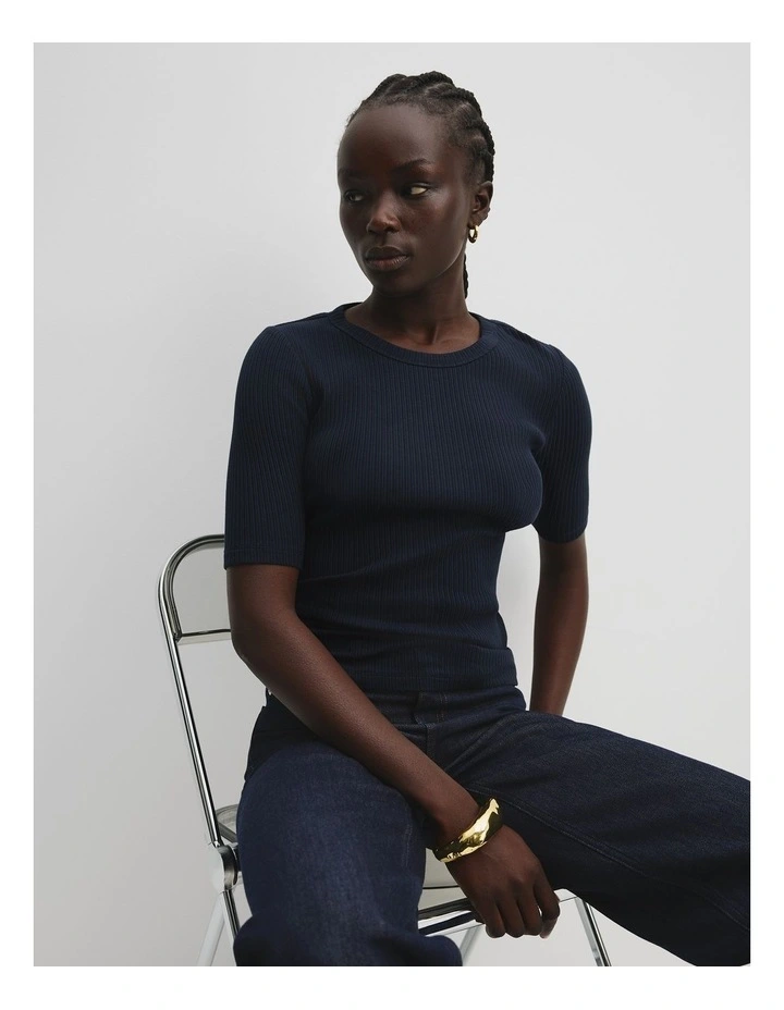 Australian Cotton Blend Fitted Rib Short Sleeve T-Shirt in Navy image 1