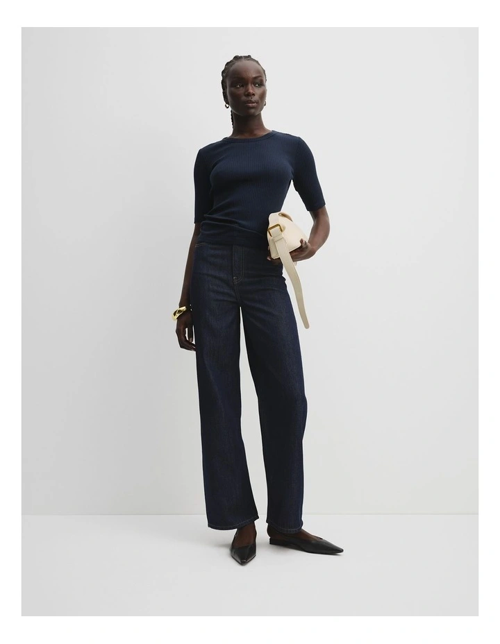 Australian Cotton Blend Fitted Rib Short Sleeve T-Shirt in Navy image 3