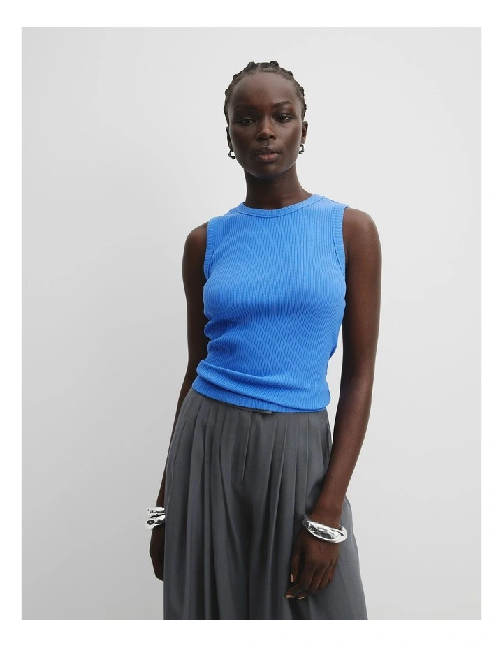 Australian Cotton Blend High Neck Rib Tank in Electric Blue image 3
