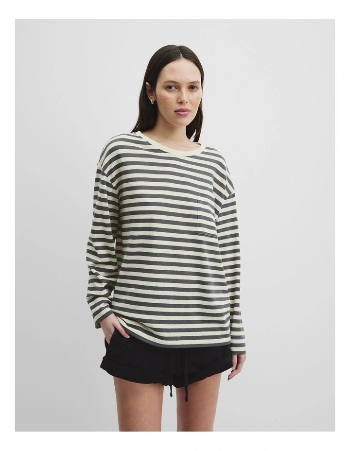 Cotton Stripe Long Sleeve Relaxed T-Shirt in Mineral Stripe image 1