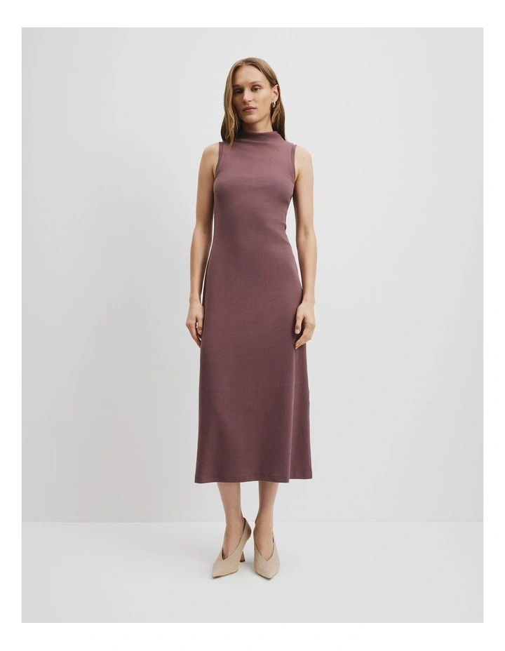 Cotton Blend Mock Neck Rib Dress in Port Stripe image 1