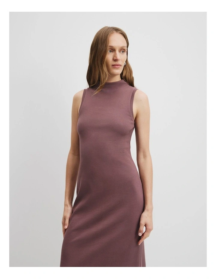 Cotton Blend Mock Neck Rib Dress in Port Stripe image 3