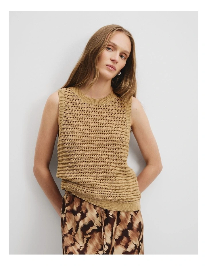 Organically Grown Cotton Crochet Knit Tank in Wheat image 1