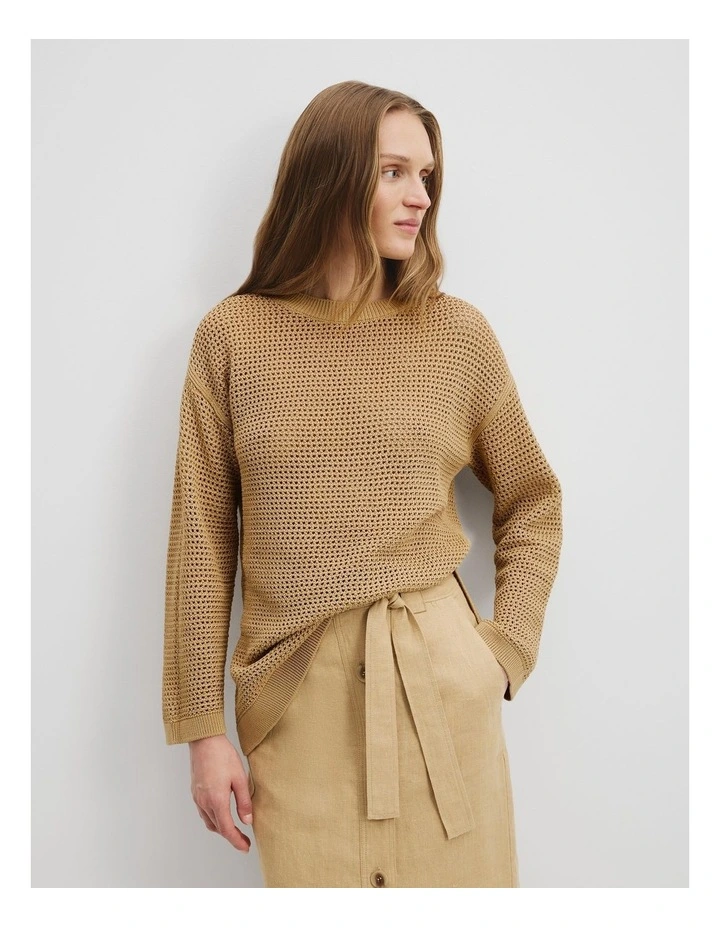 Cotton Relaxed Crochet Knit in Wheat image 1