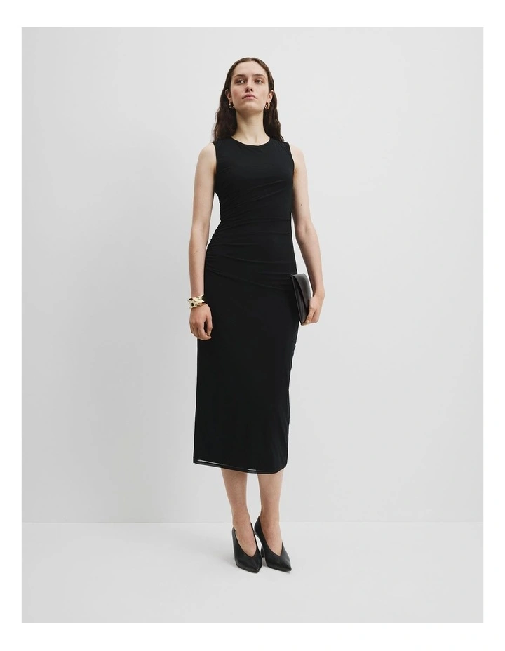 Mesh Gathered Tank Dress in Black image 1