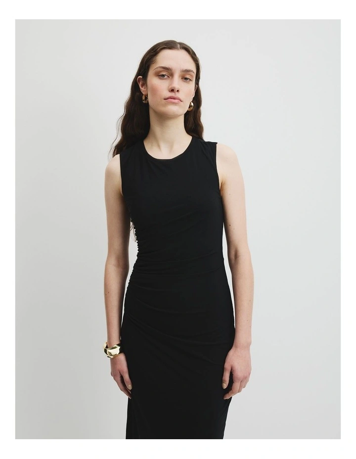 Mesh Gathered Tank Dress in Black image 2