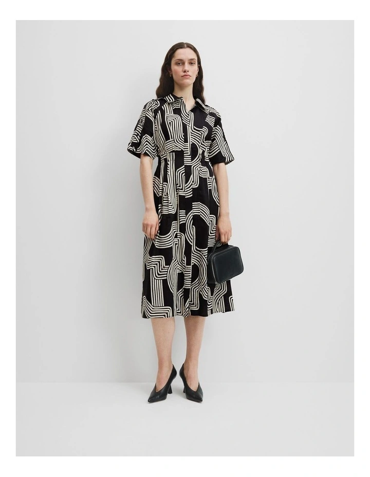 Organically Grown Linen Print Cinched Shirt Dress in Black Organic Geo image 1