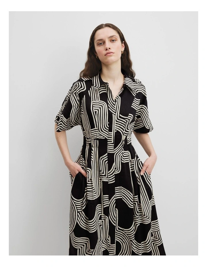 Organically Grown Linen Print Cinched Shirt Dress in Black Organic Geo image 2