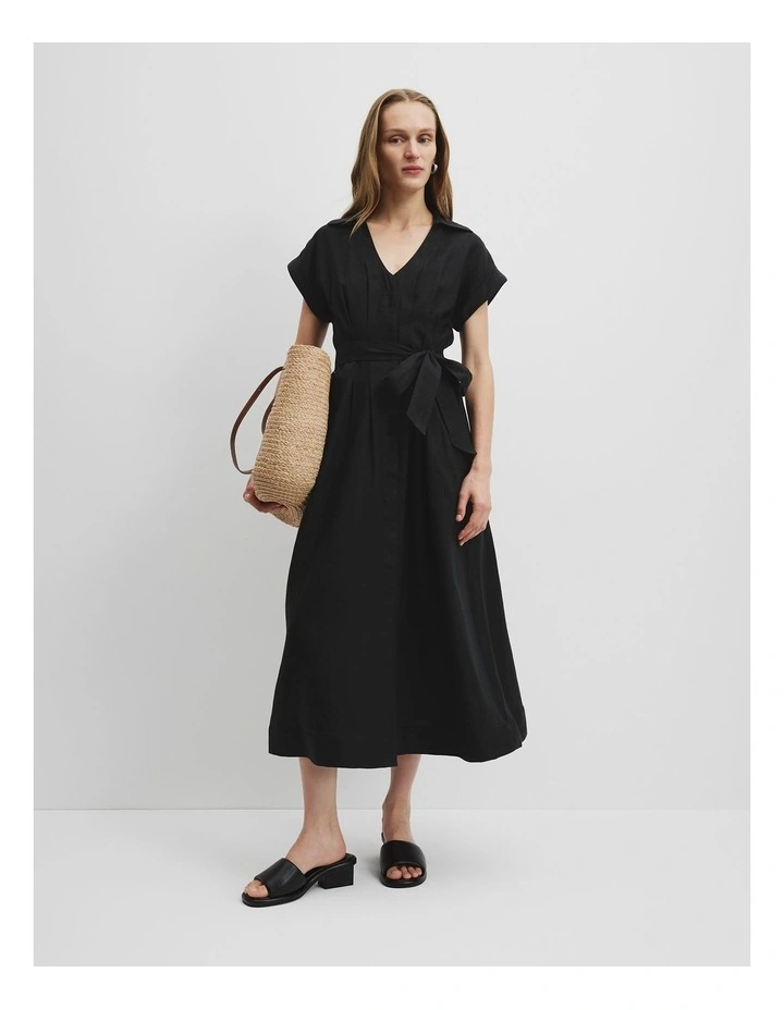 Organically Grown Linen Tuck Detail Midi Dress in Black image 1