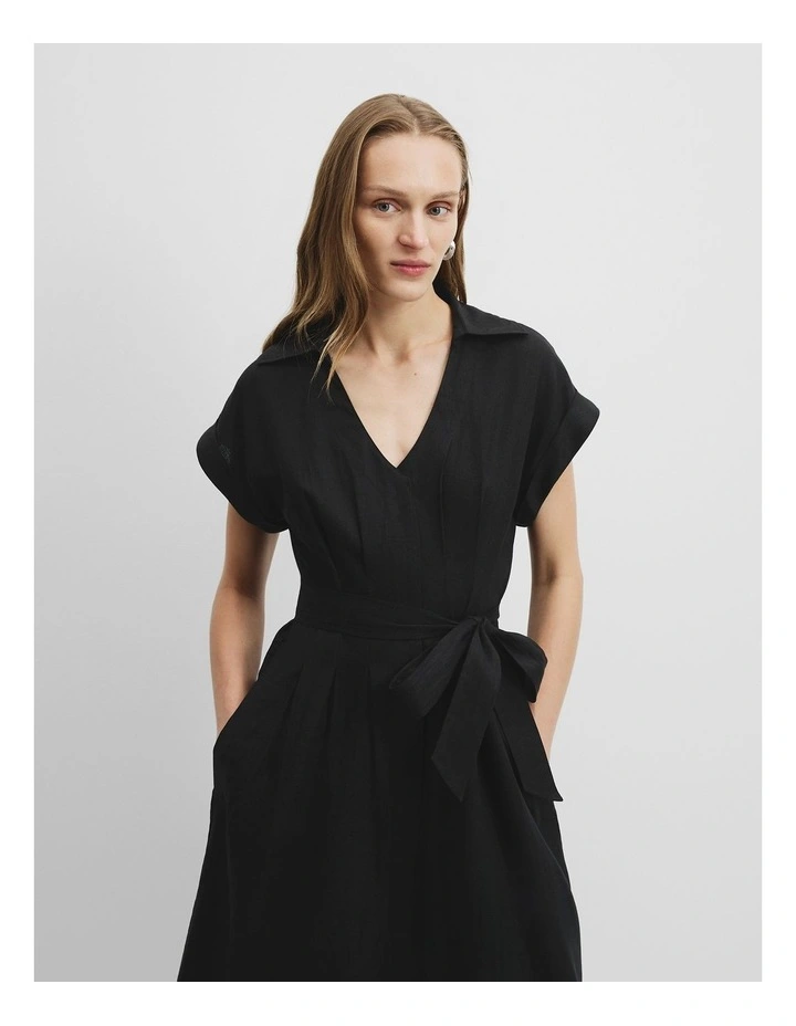 Organically Grown Linen Tuck Detail Midi Dress in Black image 2