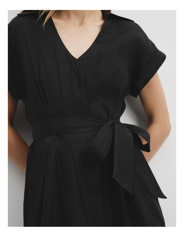 Organically Grown Linen Tuck Detail Midi Dress in Black image 3