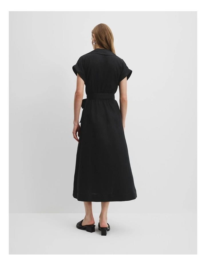 Organically Grown Linen Tuck Detail Midi Dress in Black image 4