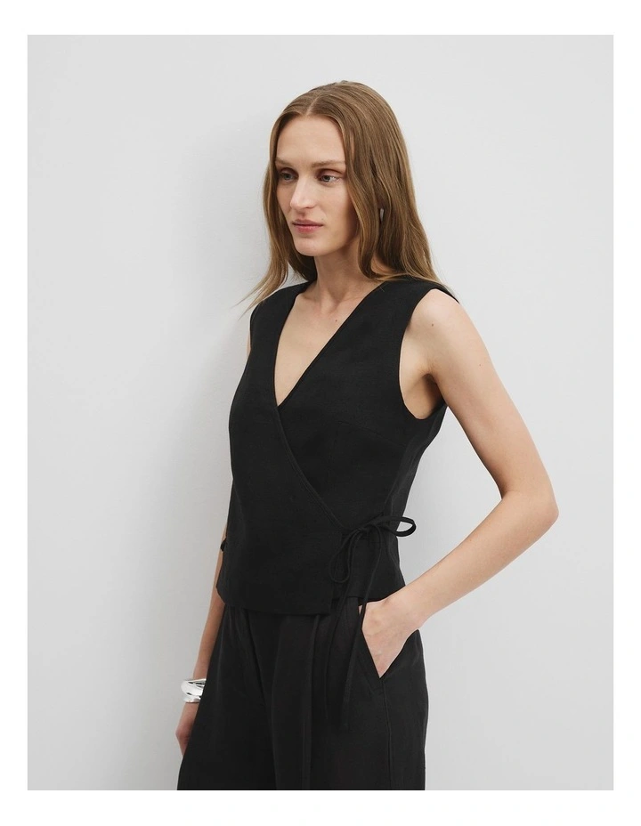 Organically Grown Linen Wrap Vest Top in Black image 1