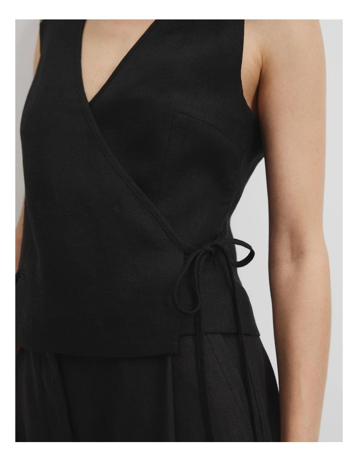 Organically Grown Linen Wrap Vest Top in Black image 3