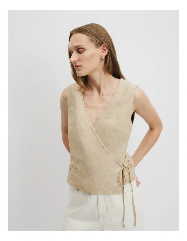 Organically Grown Linen Wrap Vest Top in Wheat image 2