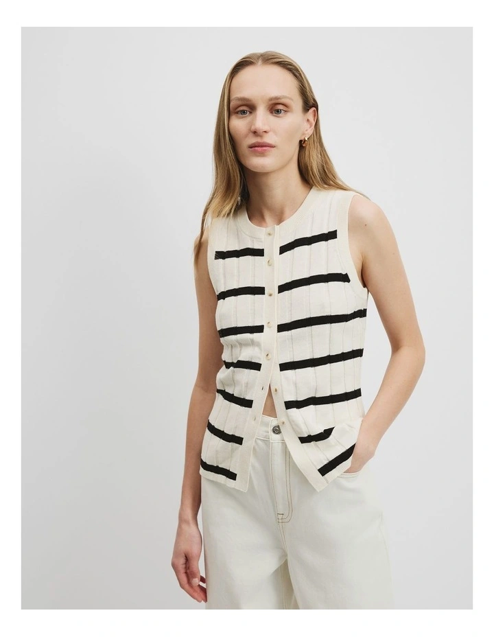 Organically Grown Cotton Linen Stripe Button Front Tank in Black Stripe image 1
