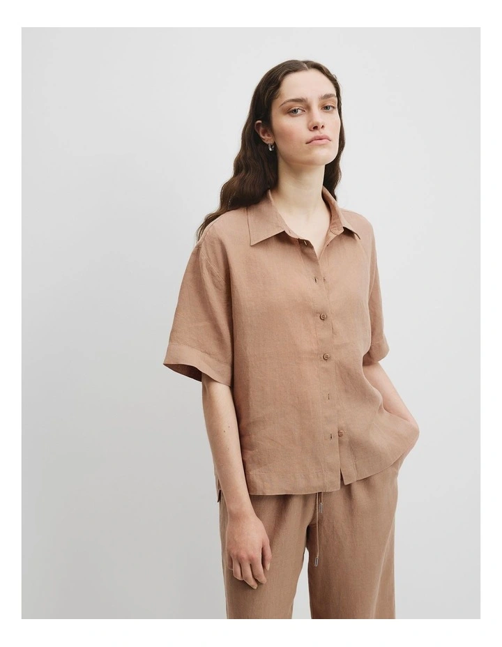 Organically Grown Linen Short Sleeve Shirt in Nougat image 1