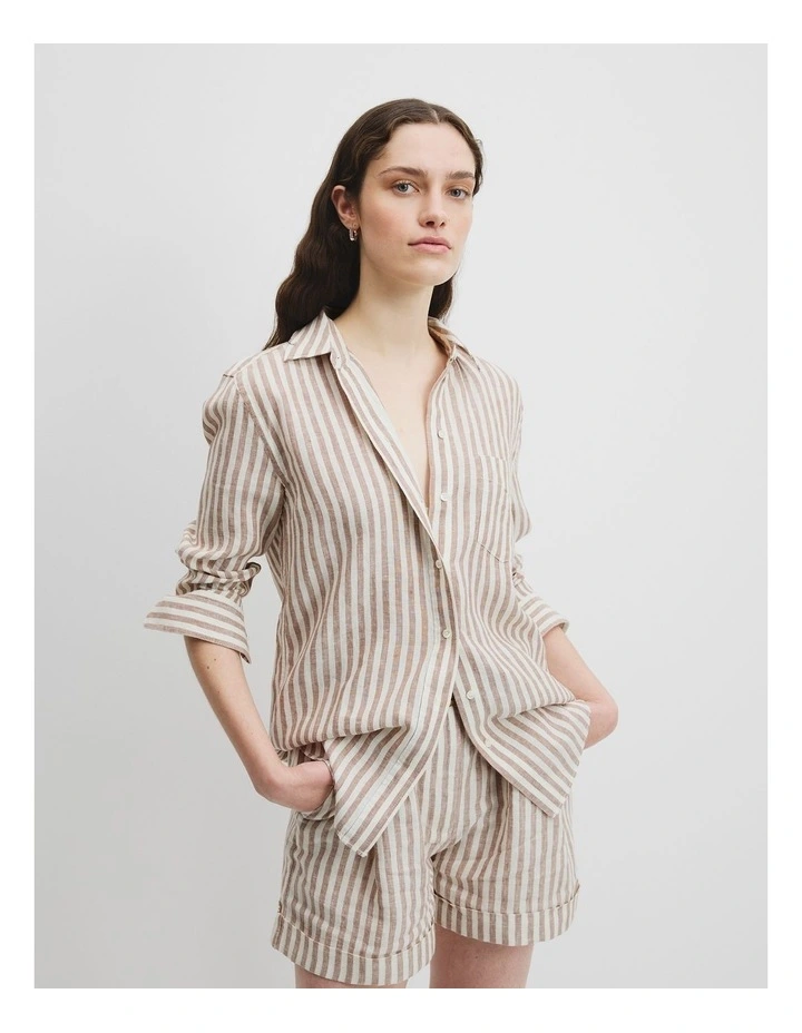 Organically Grown Linen Stripe Shirt in Nougat Stripe image 1