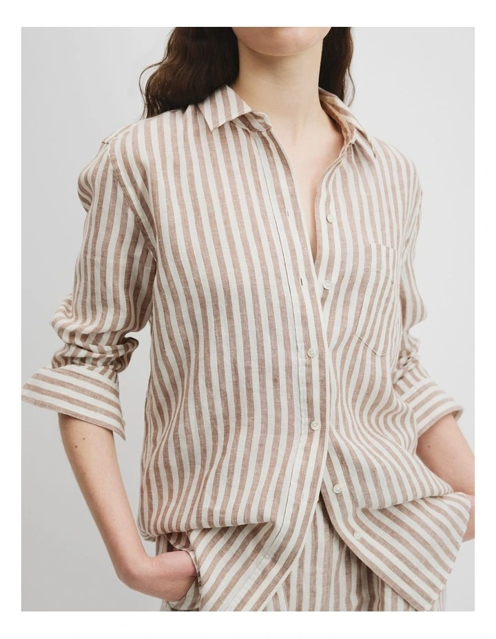 Organically Grown Linen Stripe Shirt in Nougat Stripe image 2