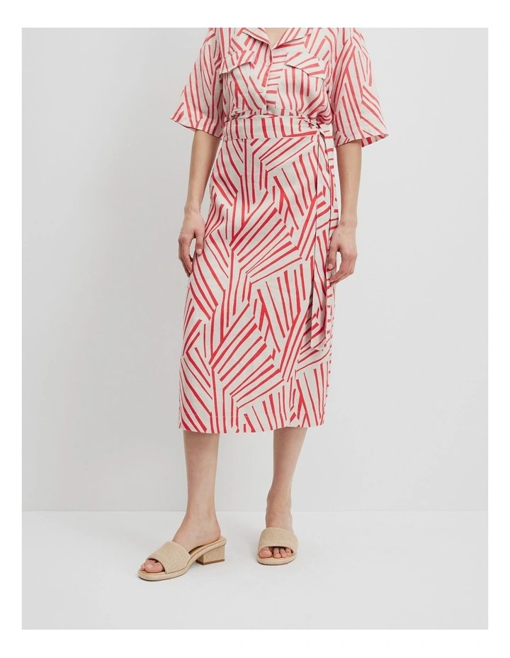 Organically Grown Linen Print Wrap Midi Skirt in Spliced Stripe image 2