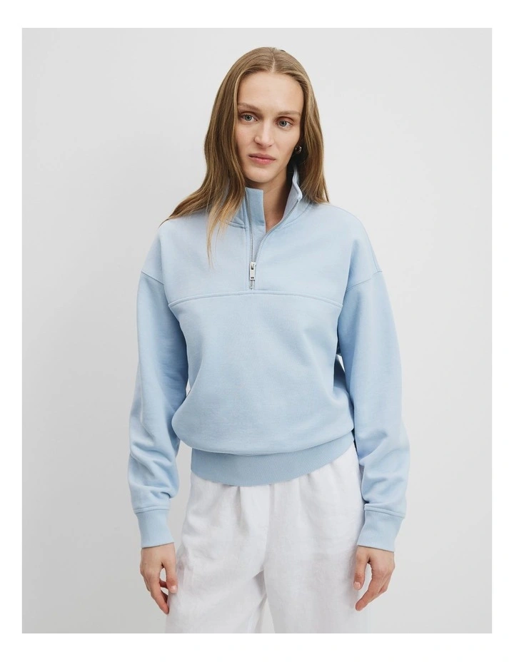 Australian Cotton Zip Collar Sweat in Smoke Blue image 2