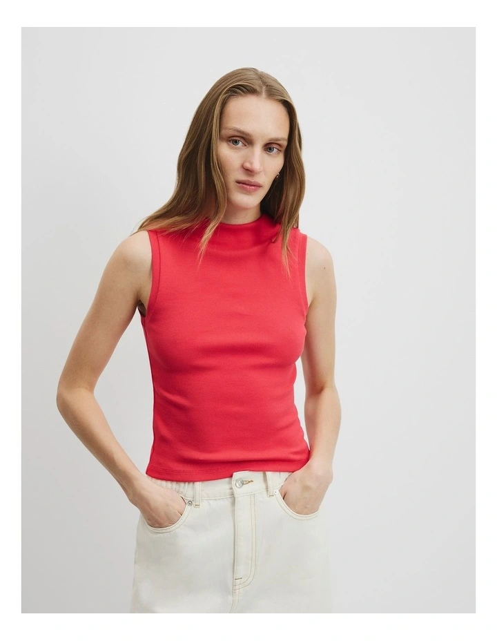 Australian Cotton Blend Mock Neck Rib Tank in Ruby image 3