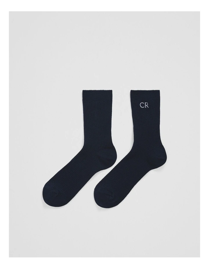 Australian Cotton Blend CR Classic Logo Rib Three-Quarter Crew Sock in Navy image 1