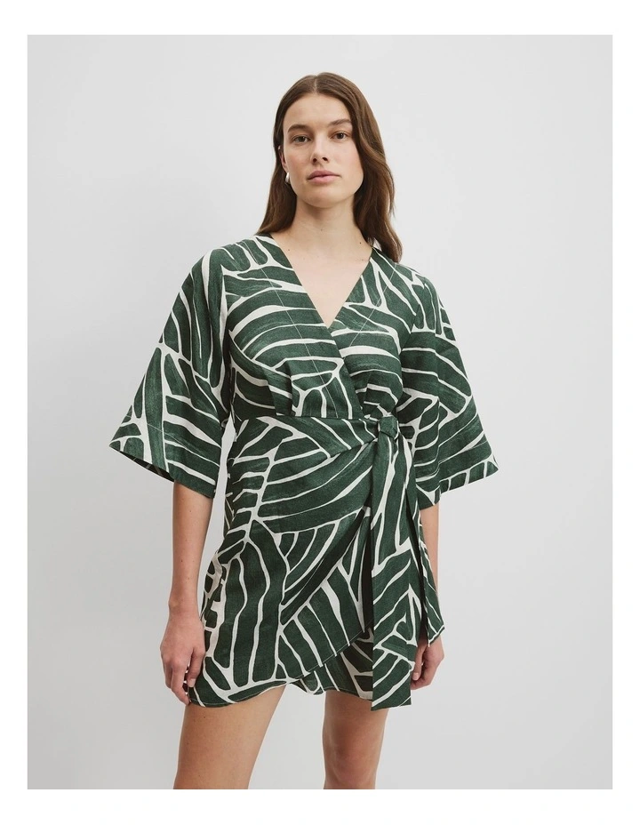 Print Ramie Wrap Dress in Pine Geo image 2