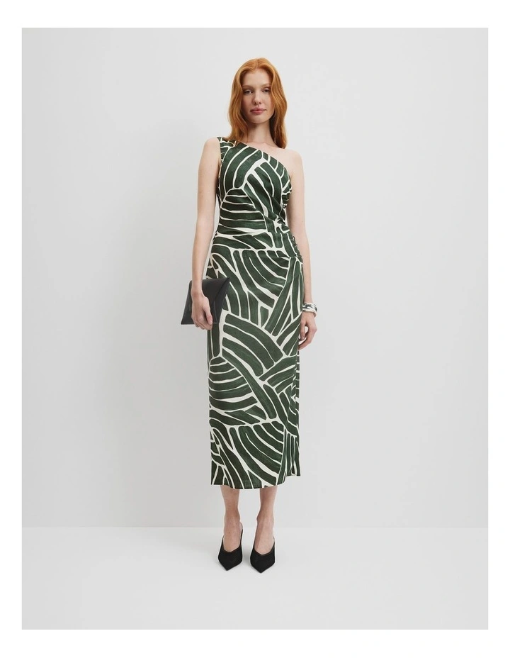 Linen Print Asymmetric Dress in Pine Geo image 1