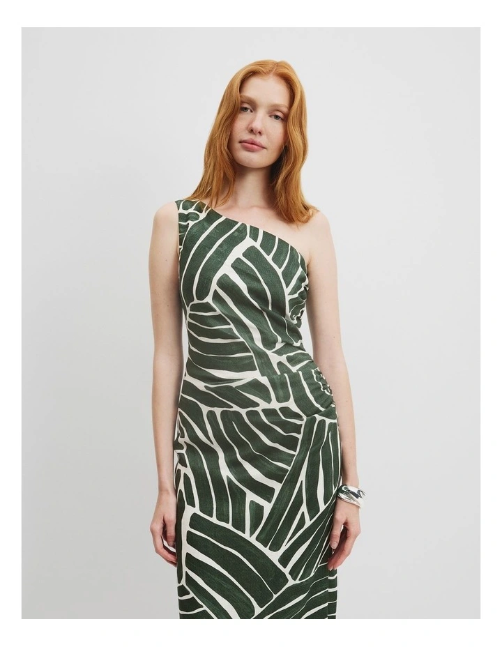 Linen Print Asymmetric Dress in Pine Geo image 3