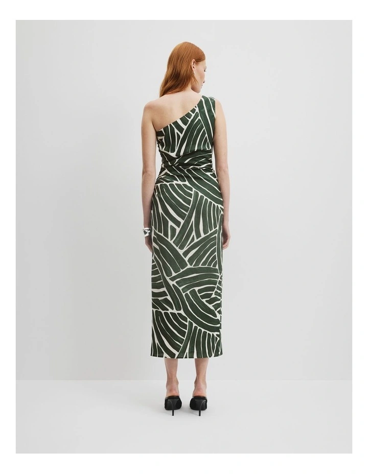 Linen Print Asymmetric Dress in Pine Geo image 4