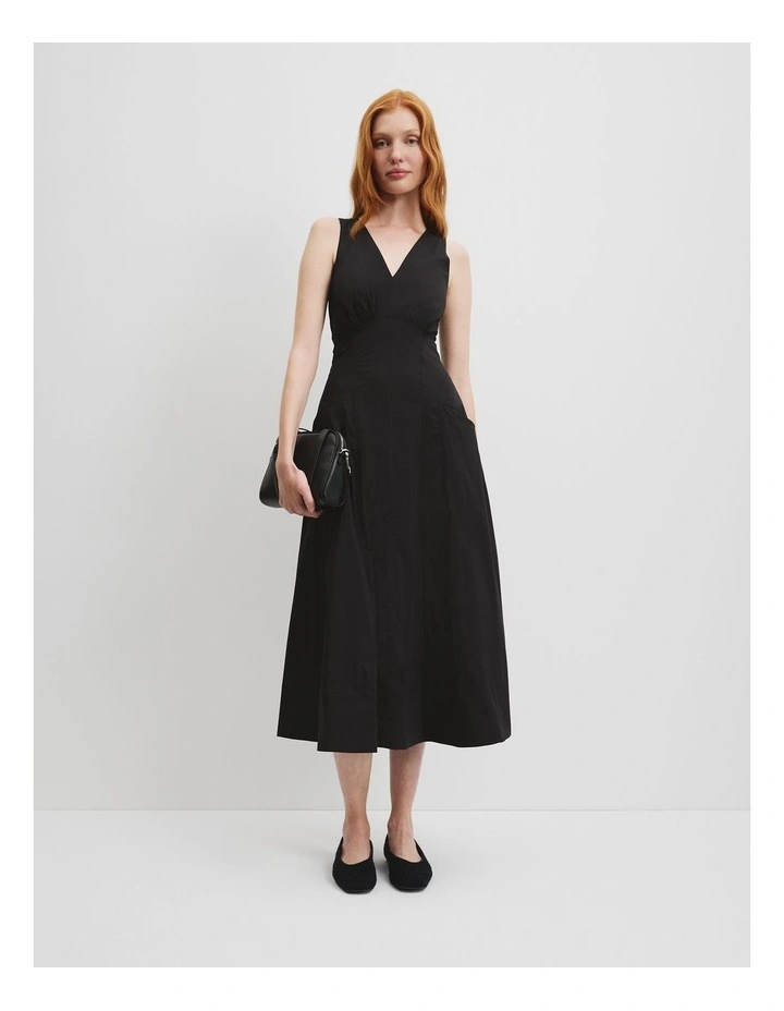 Stripe Poplin Midi Dress in Black image 1