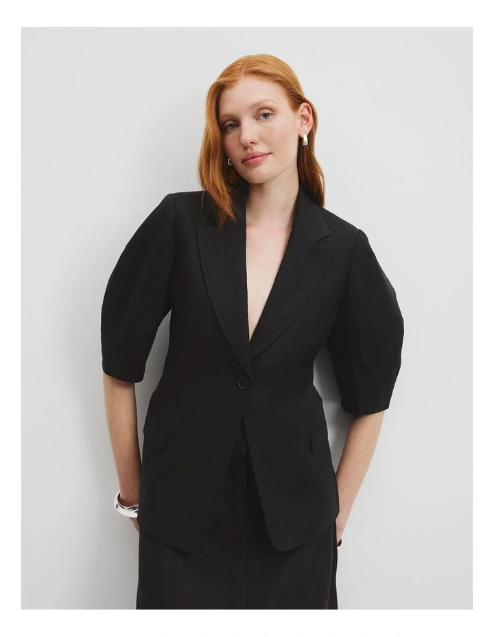 Organically Grown Linen Yarn Dyed Short Sleeve Blazer in Black image 1