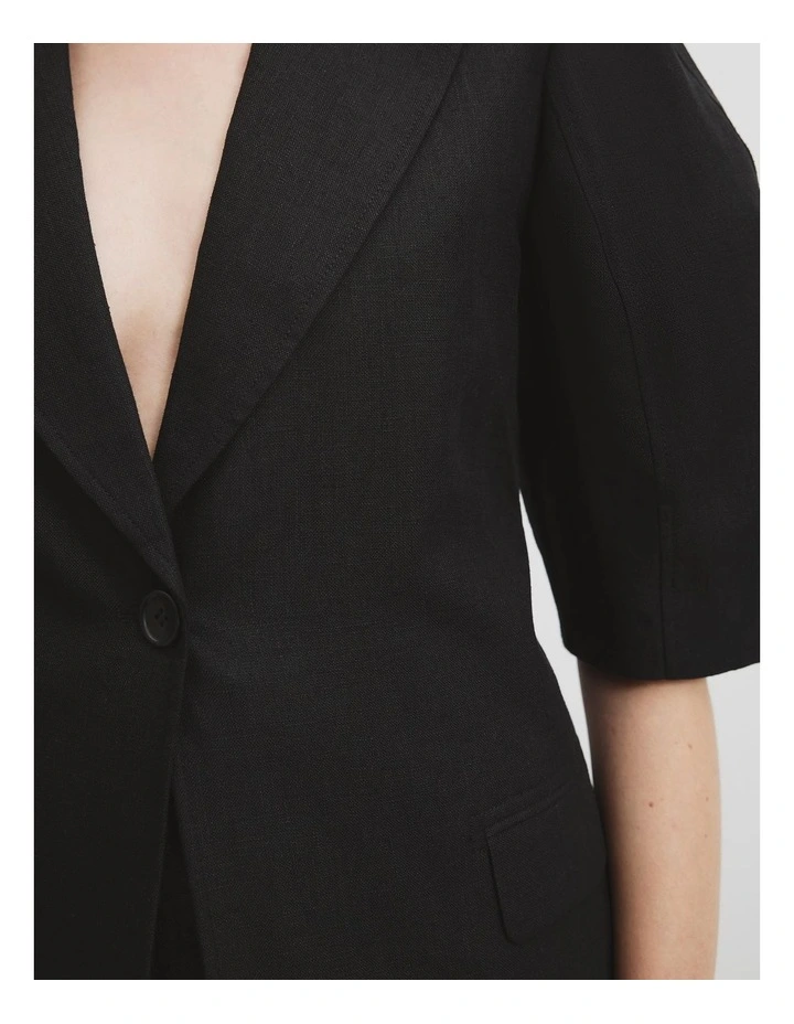 Organically Grown Linen Yarn Dyed Short Sleeve Blazer in Black image 2