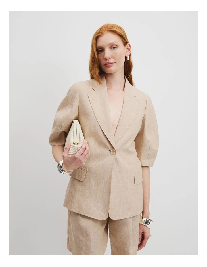 Organically Grown Linen Yarn Dyed Short Sleeve Blazer in Wheat image 2