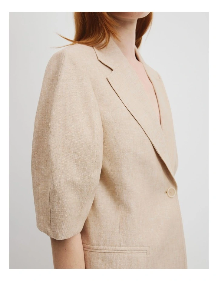 Organically Grown Linen Yarn Dyed Short Sleeve Blazer in Wheat image 3