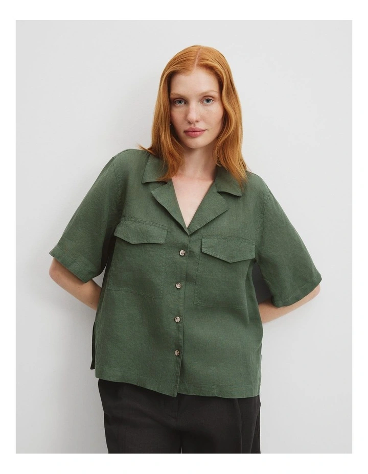 Organically Grown Linen Pocket Detail Shirt in Pine image 1