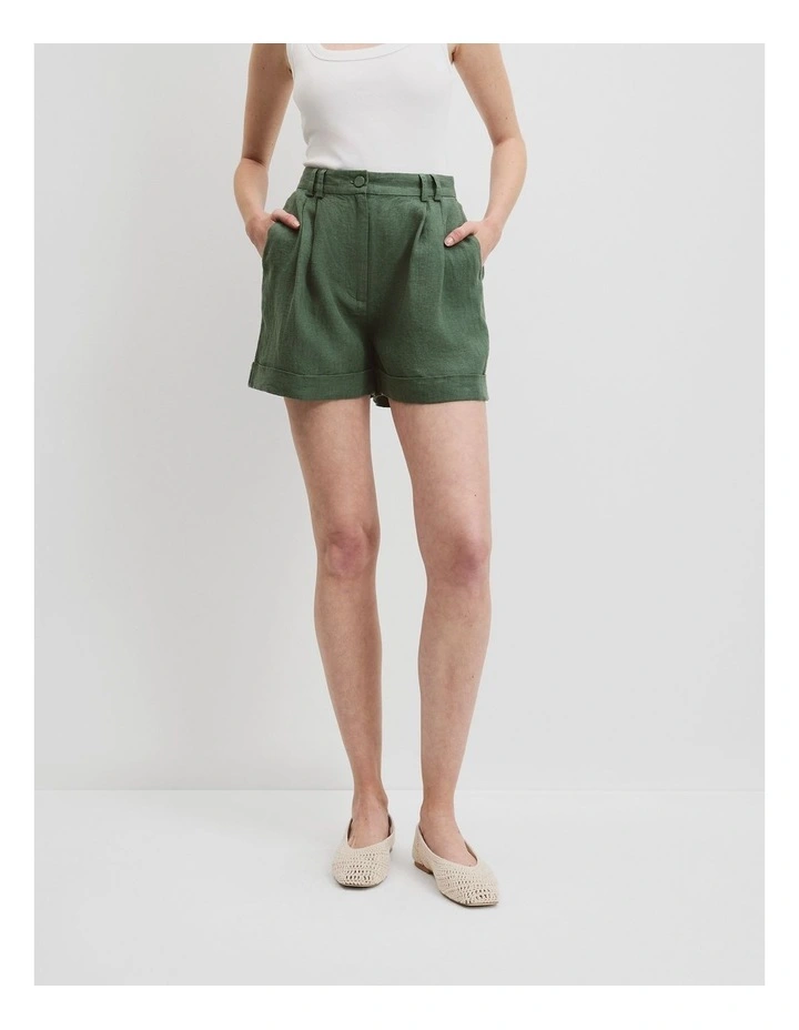 Organically Grown Linen Tuck Front Short in Pine image 2