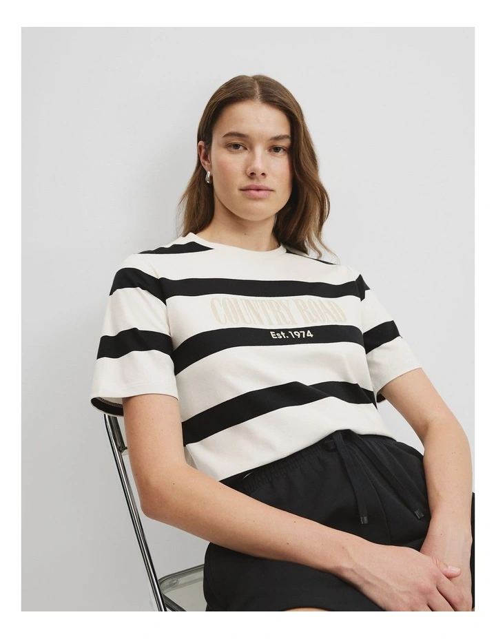 Australian Cotton Stripe Heritage Embroidered T-Shirt in Black Stripe image 1