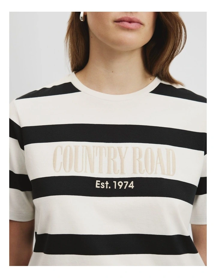 Australian Cotton Stripe Heritage Embroidered T-Shirt in Black Stripe image 2