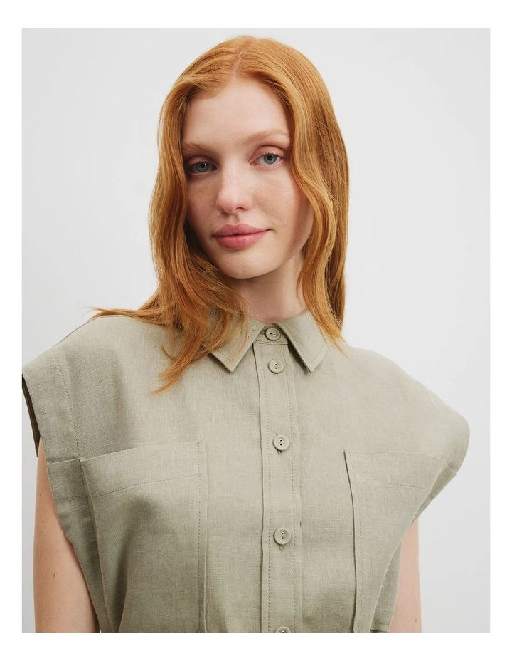 Organically Grown Linen Pocket Detail Dress in Army image 2